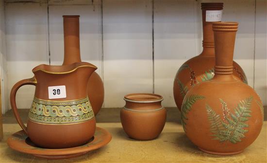 Pr terracotta fern design vases & a stand & 2 other similar items